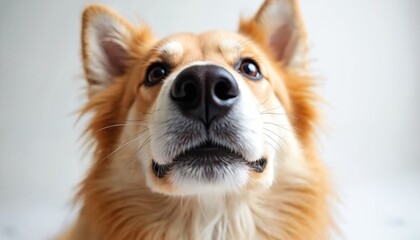 Happy domestic dog face close up. Cute pet looks curious at camera in studio. Animal friend fluffy brown fur, white chest, big dark eyes. Loyal companion waits for play, bright white background,