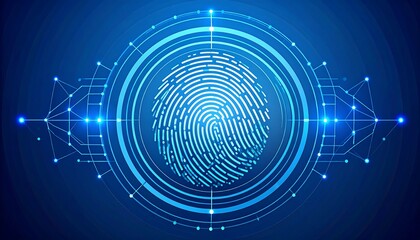 A digitally rendered image shows a close-up of a fingerprint in the center, enclosed in concentric glowing circles