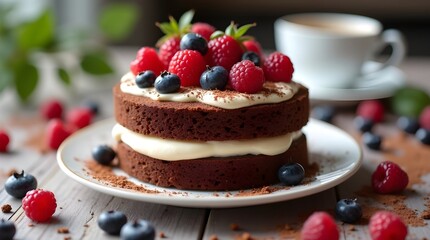 Delicious Chocolate Cream Layer Cake with Fresh Raspberries and Blueberries on White Dessert Plate
