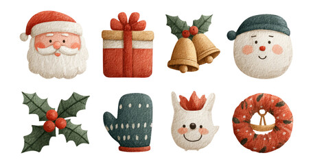 Whimsical Christmas Icons featuring Santa, Gifts, and Holiday Decorations