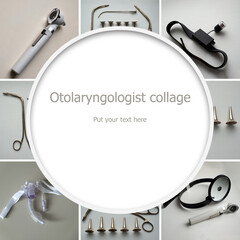 Collage of an otolaryngologist, which includes: otoscope, frontal reflector, tracheotomy tube, forehead light, set of instruments. Square frame.