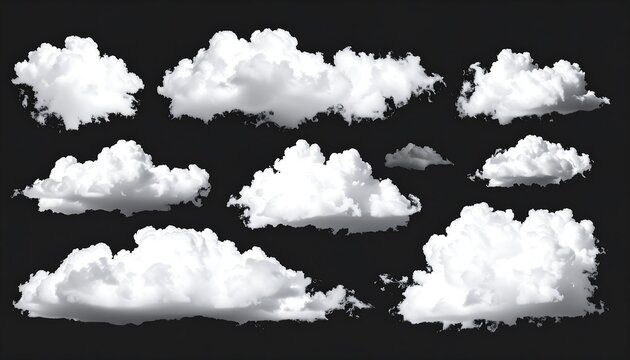 A collection of fluffy, white clouds of varying shapes and sizes are depicted against a dark, black background, creating a natural, airy composition