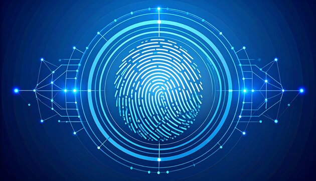 A digitally rendered image shows a close-up of a fingerprint in the center, enclosed in concentric glowing circles - Powered by Adobe