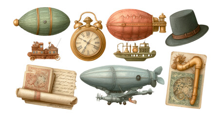 Vintage Steampunk Elements Collection with Clock, Airship, and Hat