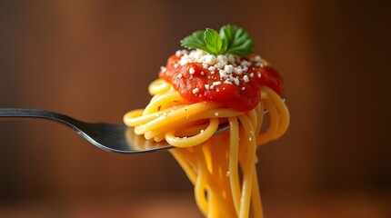 Delicious Spaghetti with Tomato Sauce, Cheese, and Parsley on Fork Isolated on Warm Brown Background
