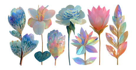 Colorful and Elegant Floral Elements with Iridescent Finish on Transparent Background