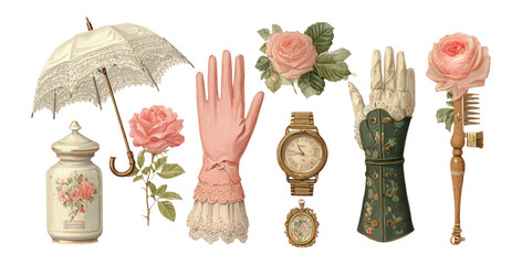 Elegant Vintage Elements with Roses, Gloves, Umbrella, and Clock Design