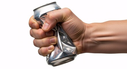 Hand crushing a silver aluminum soda can, symbolizing strength, power, anger, stress, or recycling, isolated on a white background.