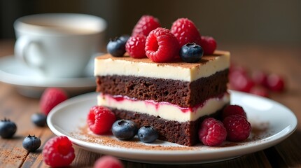 Delicious Chocolate Cream Layer Cake with Fresh Raspberries and Blueberries on White Dessert Plate
