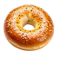 Close-up shot of a golden-brown bagel with sesame seeds, isolated on black