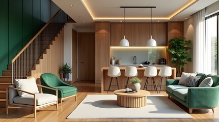 Modern Open Concept Living Room and Kitchen Interior with Wooden Accents, Green Details, and Warm Lighting