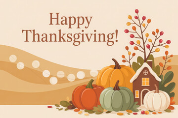 Thanksgiving message with collection of autumn pumpkins with a toy house
