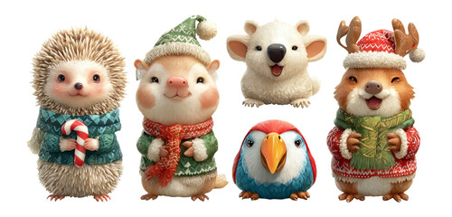 Cute and Festive Animal Characters in Holiday Apparel with Cheerful Expressions