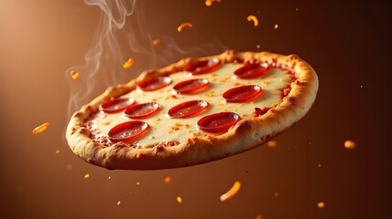 Hot Pepperoni Cheese Pizza Slice with Melting Cheese and Flying Crumbs on Brown Background