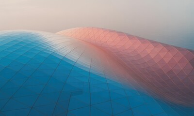 Abstract geometric structures of red and blue, with tessellated surface, in soft pastel light