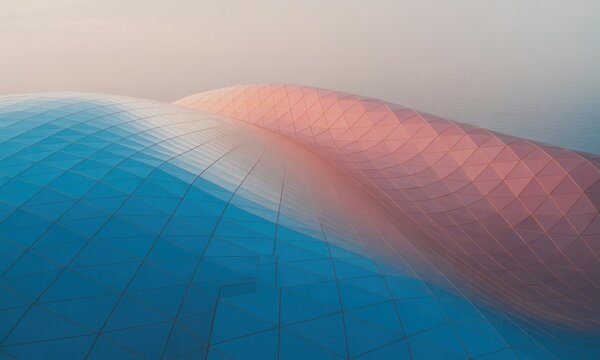 Abstract geometric structures of red and blue, with tessellated surface, in soft pastel light