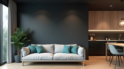 Modern Minimalist Living Room and Kitchen Interior with Dark Wall, Wooden Furniture, and Cozy Lighting