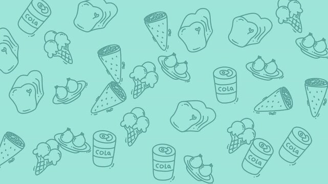 Seamless Pattern of Fast Food Items Including Pizza, Burgers, Snacks, and Drinks in Minimalist Graphic Design