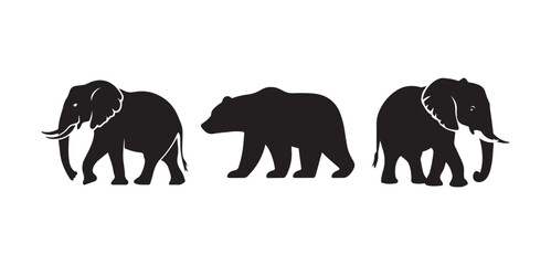 Elephant and Bear Silhouette Vector Animal Icons