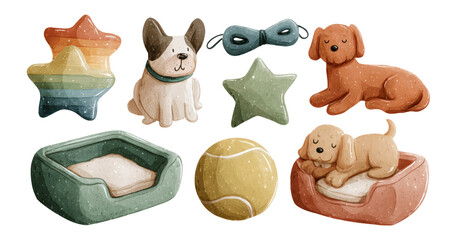 Cute and Playful Pet Elements with Colorful Shapes and Dog Figurines
