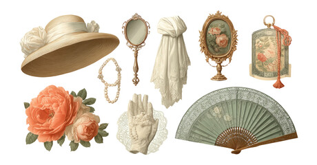 Elegant Vintage Accessories with Floral Details and Soft Color Palette