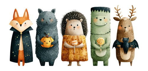 Cute Forest Animals in Halloween Costumes with Colorful Props and Expressions
