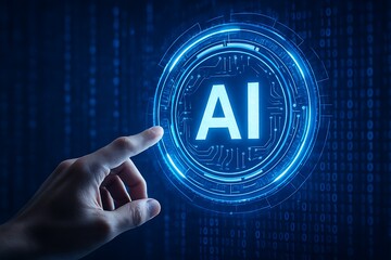 Artificial intelligence concept with digital hand touching glowing ai icon representing innovation technology data science automation and futuristic computing intelligence interface