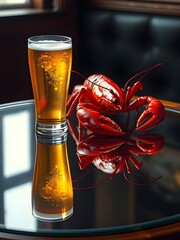 There is a glass of beer on the mirrored table, and two boiled red crayfish lie in front of it.