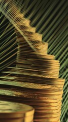 Naklejka premium Stacked coins create a striking visual against a green backdrop highlighting financial growth and success