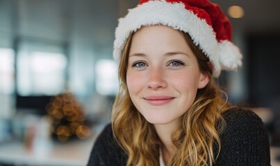 Young Woman Wearing a Santa Hat Smiles at a Festive Gathering During the Holiday Season in an Office