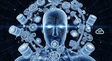 Futuristic AI head with glowing eyes and intricate circuit patterns, surrounded by gears and cloud data symbols, represents next-gen technology solutions