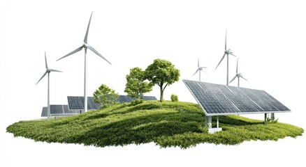 Renewable energy illustration wind turbines and solar panels on a green hill