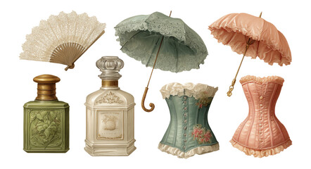 Vintage Decorative Items Including Corset, Bottle, Fan, and Umbrella