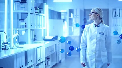 Scientist woman in white coat walking in modern laboratory with floating blue molecules around research and technology environment futuristic science lab interior - Powered by Adobe