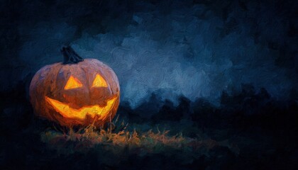 Naklejka premium oil paint of scary halloween Pumpkin in cemetery dark Night, holiday event halloween banner background concept