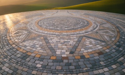 Circular mosaic design on a platform, overlooking rolling hills bathed in golden sunlight