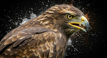 Naklejka premium Stunning golden eagle portrait with dynamic splatter effect evokes power and freedom, perfect for wildlife documentaries or conservation campaigns
