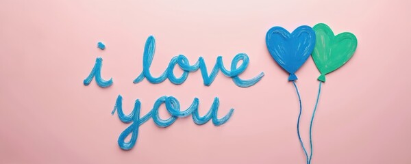Handwritten blue text reads i love you next to two heart shaped balloons on a pink background. Minimalist, bright and cheerful scene for romantic messages and special days.