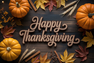 Thanksgiving greetings. Tea in a mug, dry leaves and spices on a dark background, top view. Kaligraphic capital inscription.
