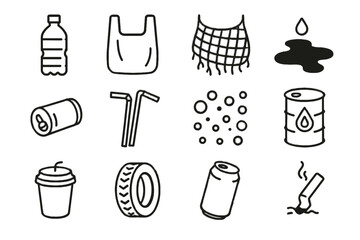 Tire icon bottle bag can ocean oil plastic discarded icons styrofoam pollution