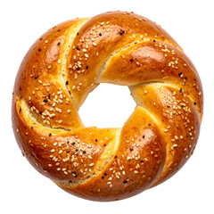 Circular, golden-brown bread with a hole, generously topped with sesame seeds, isolated on black