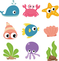 A fun collection of cute cartoon sea animals, including an octopus, fish, turtle, and crab vector icons