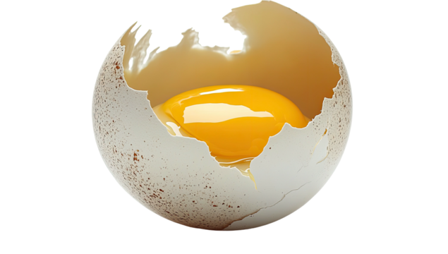 Cracked egg yolk shines brightly from partially broken shell