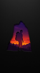 Journey to Self-Discovery: Creative Illustration of a Hiker Against a Vibrant Sunset