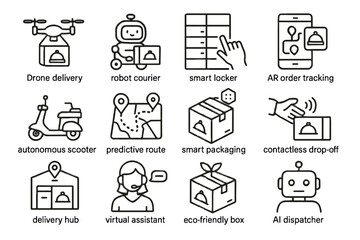 Fototapeta premium Futuristic ai contactless icon box dispatcher icons order delivery locker vector scooter