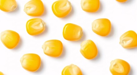 Top view of raw corn kernels for making popcorn, macro photo isolated on a white background.
