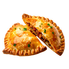 Two golden, crescent-shaped pastries, one cut to reveal a savory filling with parsley