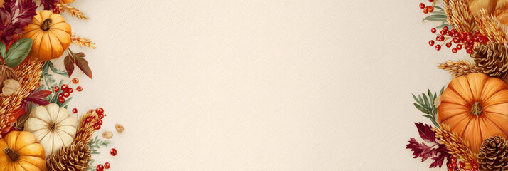 Festive fall composition with pumpkins, pinecones, berries, dried leaves on both sides of beige textured background. Wide central copy space. Thanksgiving banners, invitations, ads, seasonal designs