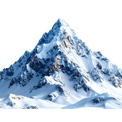 Isolated, towering mountain peak covered in snow, jagged edges against a black background