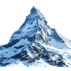 Majestic snow-capped mountain peak, illuminated by sun, against a transparent background